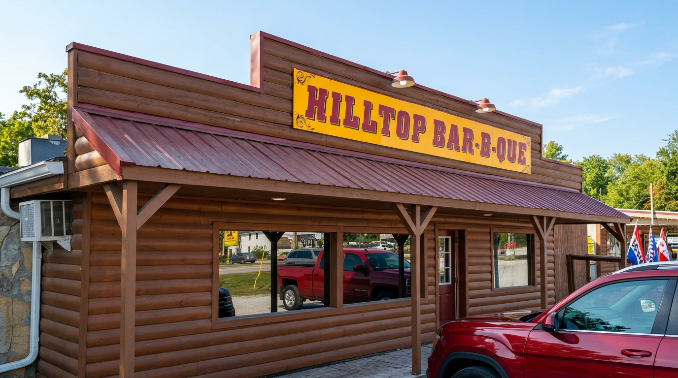 The Hilltop Bar-B-Que log cabin storefront